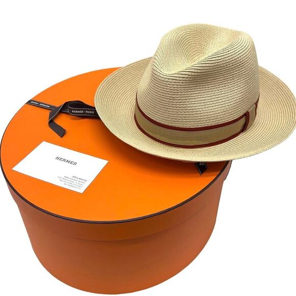 Vintage HERMÈS Straw Fedora Hat H Logo Embroidered with Hermes Box - Picture 1 of 6